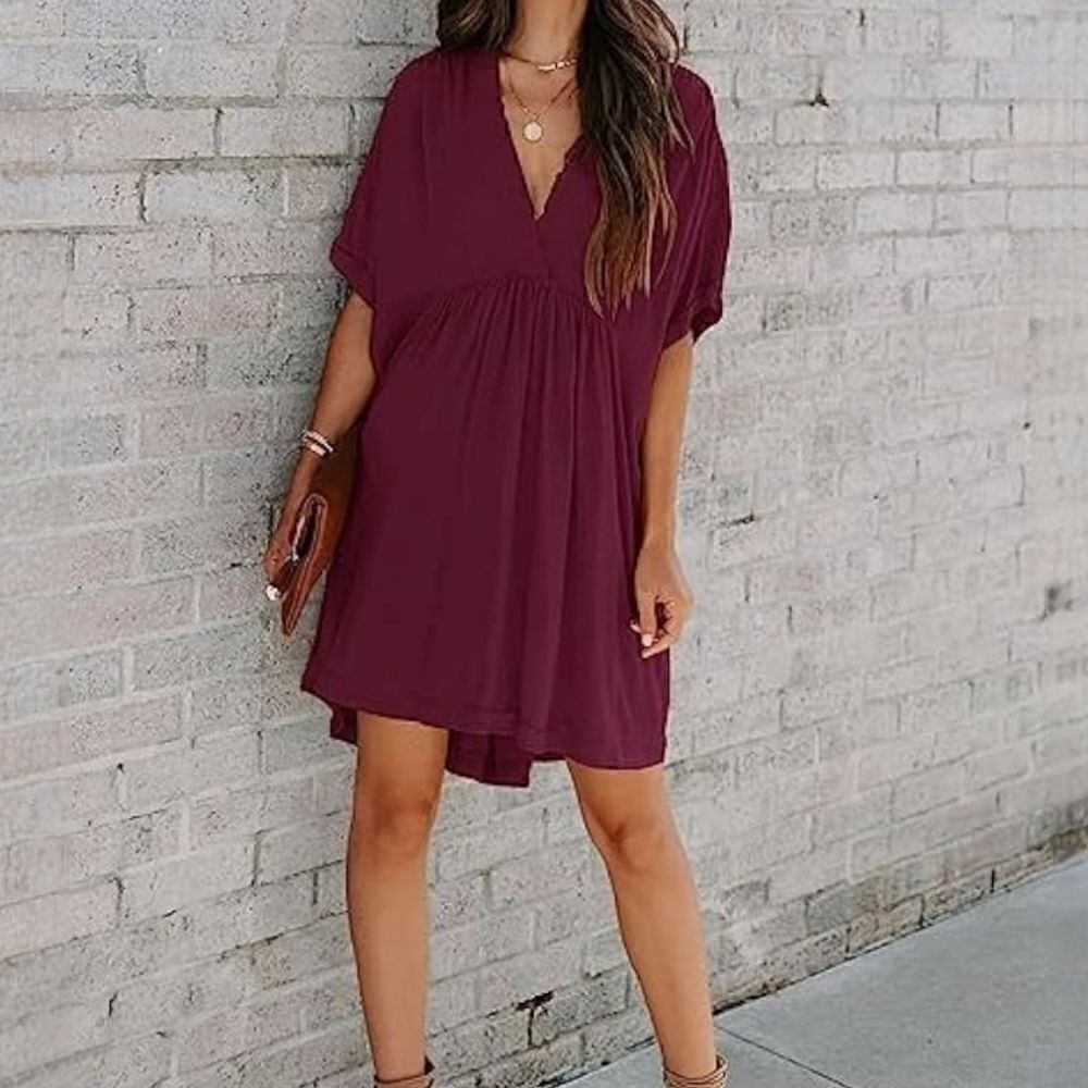 Olivea Rae Burgundy Bohemian Babydoll V-neck Tie-back Short Sleeve Dress